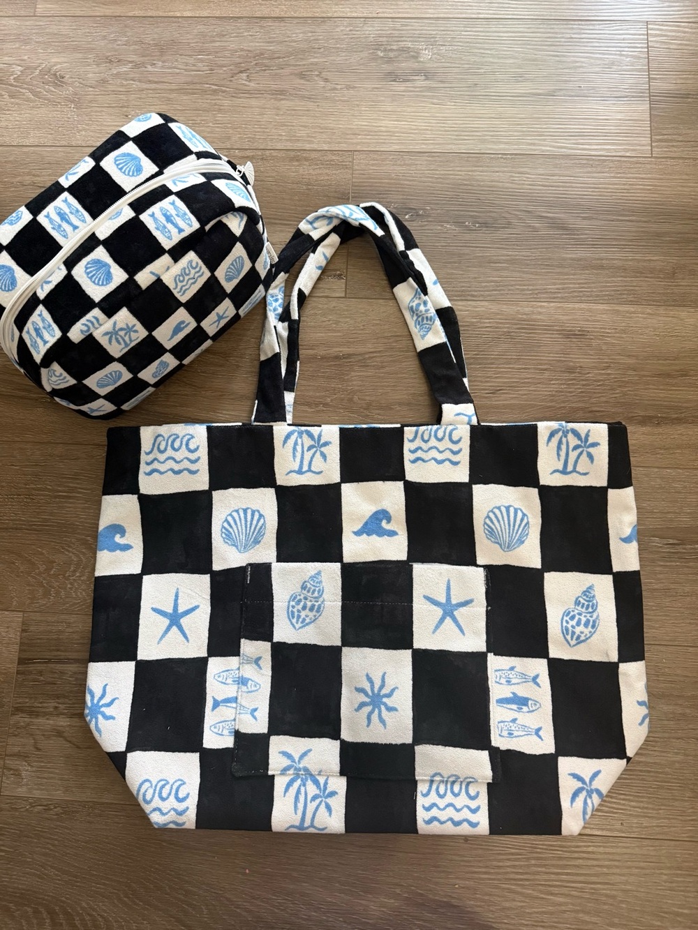 Staykation costal check tote and matching large makeup bag